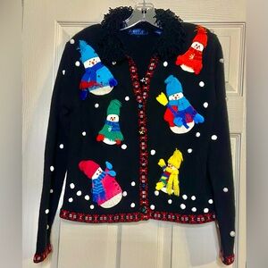 Karen Scott Women's Sweater Jacket Sz PS Ugly Winter Snowmen Christmas Sweater